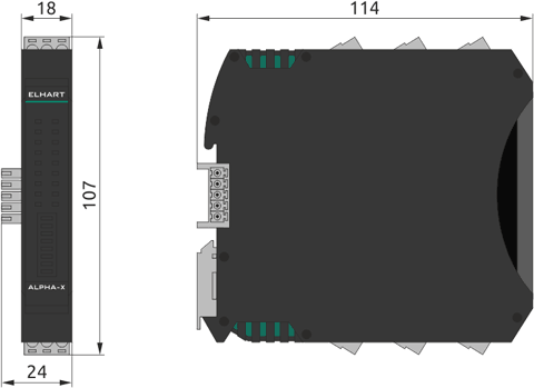 Overall dimensions of Alpha-X series analog I/O modules, mm