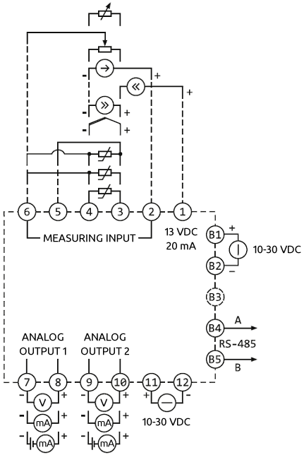 Connection diagram of ENC.S2 splitter with two independent analog outputs