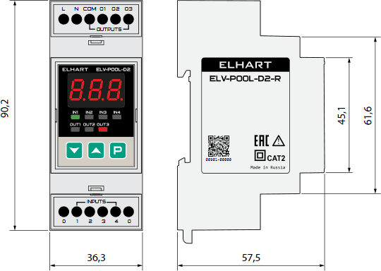 Overall dimensions of the ELV-POOL water level controller, mm