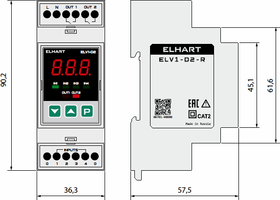 Overall dimensions of the ELHART ELV1 level controller, mm