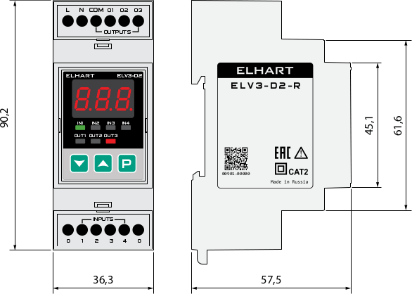 Overall dimensions of the ELHART ELV3 level control relay, mm