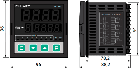 Overall dimensions of the ELHART controller ECD8 series, mm