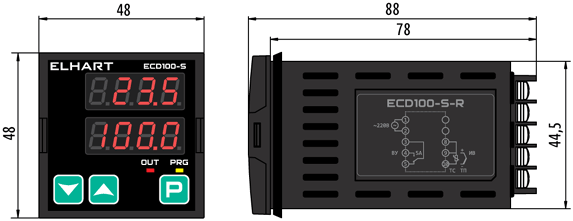 Overall dimensions of panel-mount ECD100-S-R controller, mm