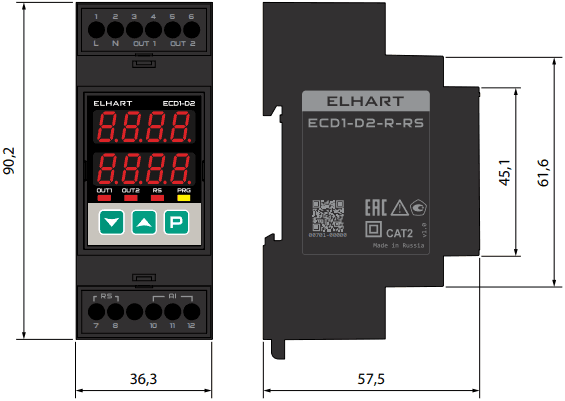 Overall dimensions of ECD1 series universal PID controller, mm