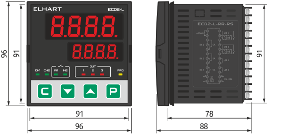 Overall dimensions of ECD2-L controller, mm