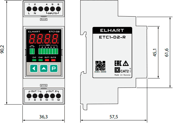 Overall dimensions of the ETC1 timer, mm
