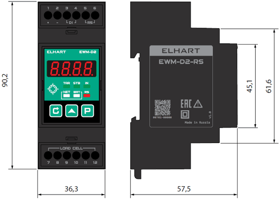 Overall dimensions of the EWM-D2-RS transmitter, mm
