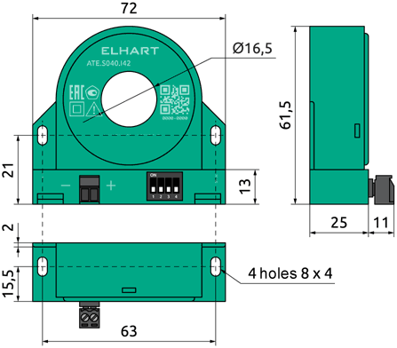 Overall dimensions of the ATE.S current transducer