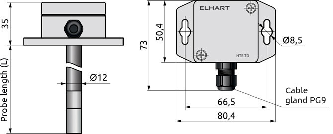 Dimensions of HTE.TD1 humidity and temperature transmitter, mm