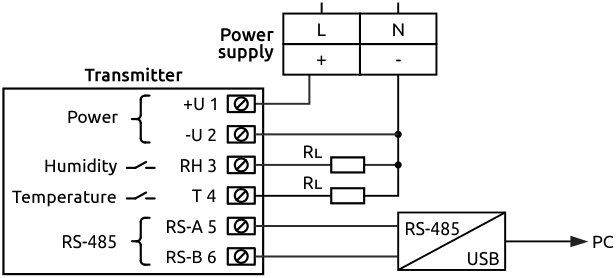 External electrical connections of HTE.VS-2T-RS transmitters