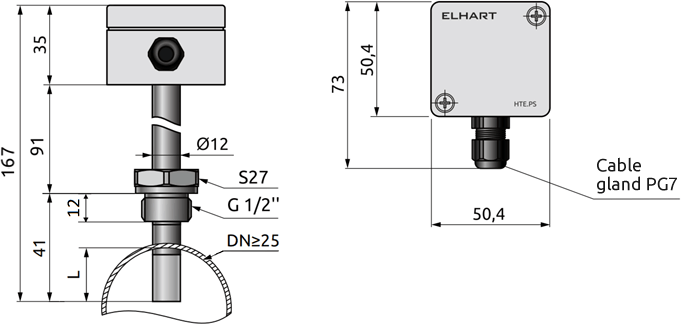 Dimensions of HTE.PS humidity and temperature transmitter, mm