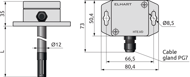 Dimensions of HTE.VD humidity and temperature transmitter (duct-mounted design), mm