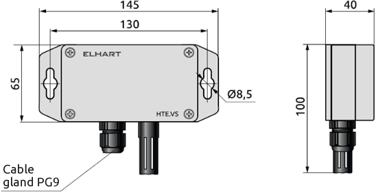 Dimensions of HTE.VS humidity and temperature transmitter (wall-mounted design), mm