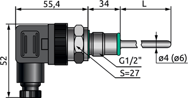 Dimensions of ELHART TRE.F20 sensor (G1/2''), mm
