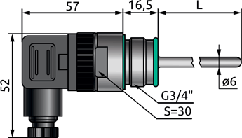 Dimensions of ELHART TRE.F20 sensor (G3/4''), mm