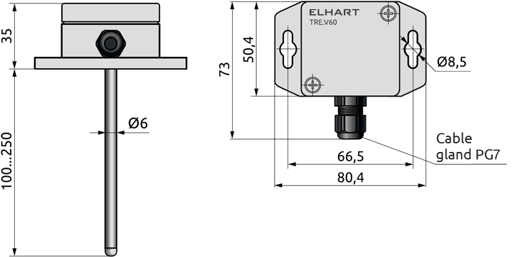 Dimensions of ELHART TRE.V60 sensor, mm